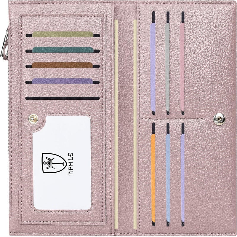 Tipmile Slim Wallet for Women, RFID Blocking Credit Card Holder, Ladies Bifold Wallet with Zipper, Dusty Pink - Image 1